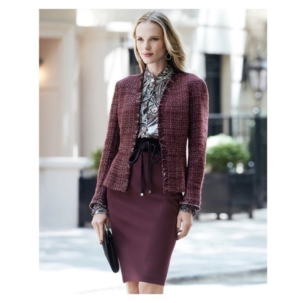 WHBM burgundy white black tweed peplum fringe jacket - Picture 2 of 15